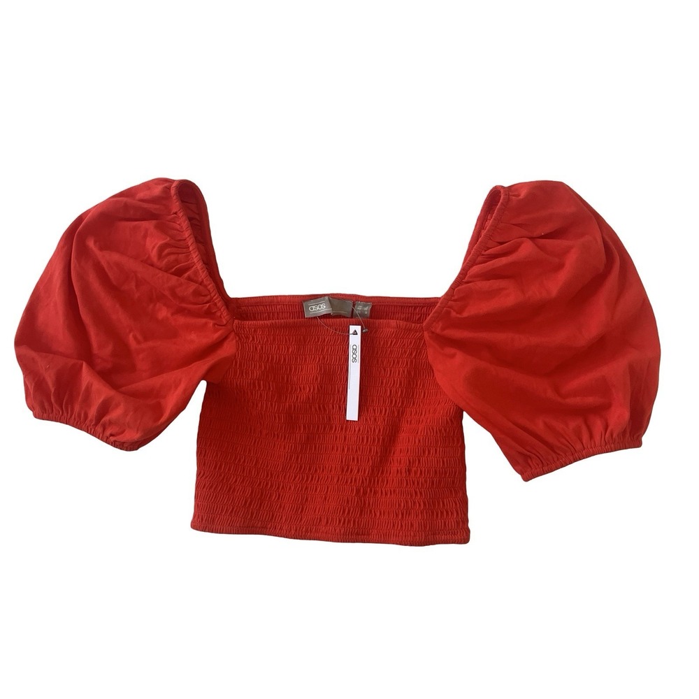 NWT Asos Women's Size US‎ 0 Red Orange Crop Top Puff Sleeve Ruched 100% Cotton
